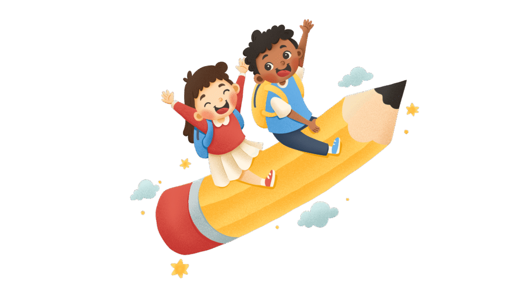 kids riding in pencil rocket